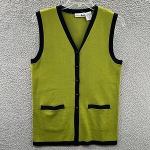 Women Lime Green Retro Knit Sweater Vest Large V Neck Button Front Contrast Trim